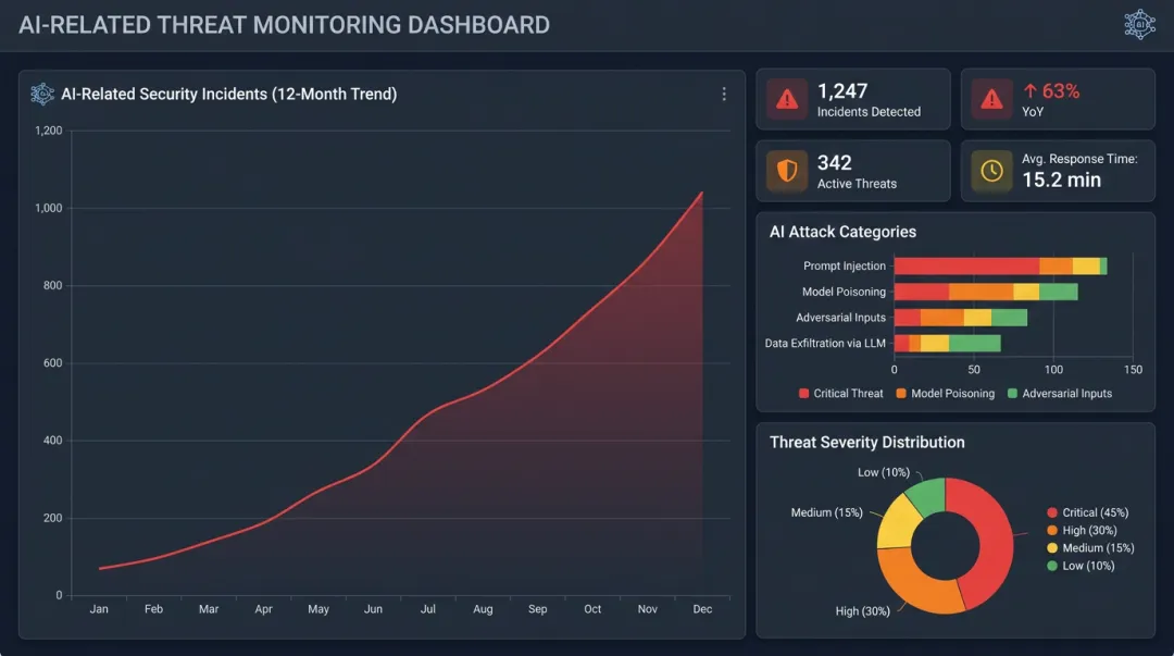 AI cybersecurity incident dashboard showing rising threat frequency and attack vectors