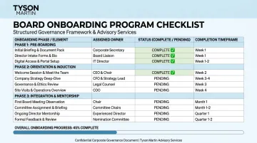 Board director onboarding checklist table with owners and completion timeframes