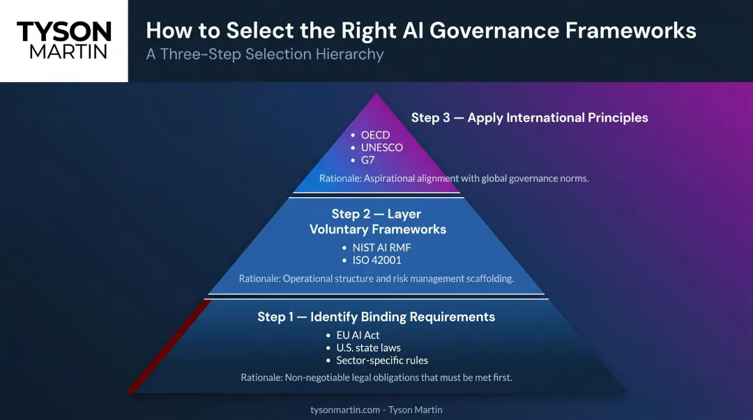 Three-step AI governance framework selection decision hierarchy binding voluntary international principles