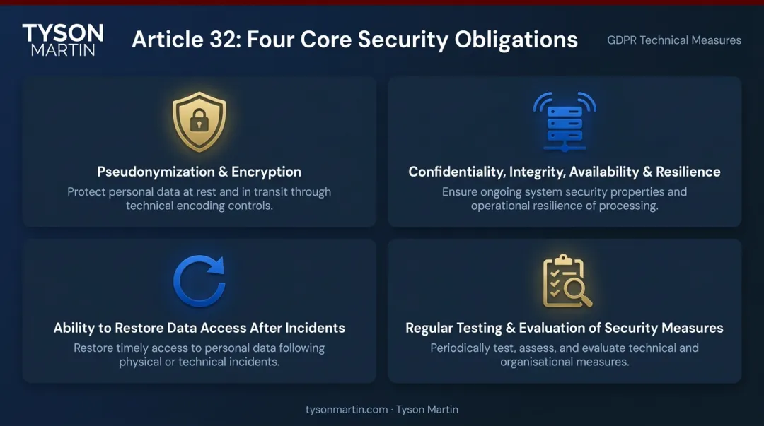 Article 32 GDPR four security requirements compliance framework infographic