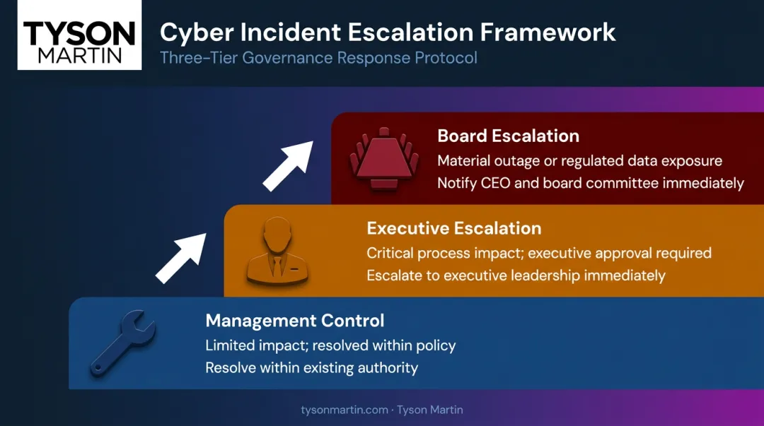 Three-tier board escalation threshold framework from management control to board notification