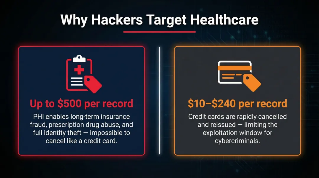 PHI medical records versus credit card dark web value comparison infographic