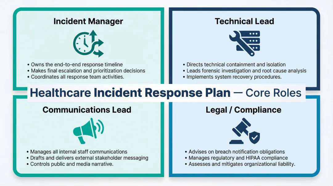 Healthcare incident response four core roles and responsibilities process diagram