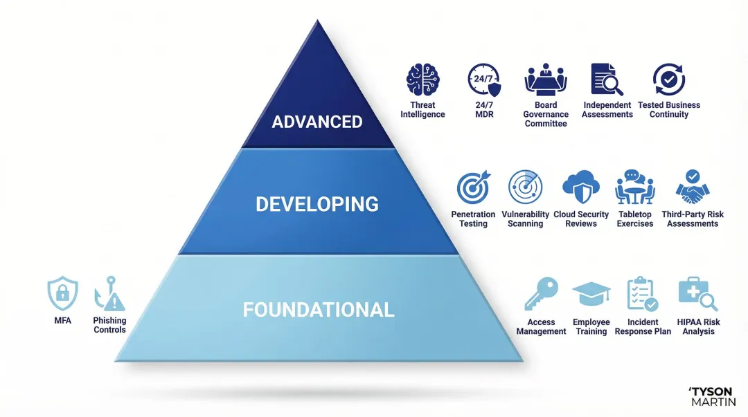 Three-tier healthcare cybersecurity maturity roadmap from foundational to advanced controls