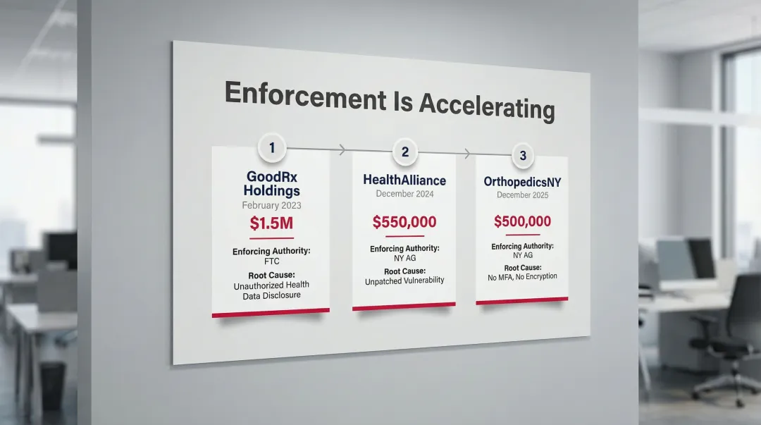 Healthcare regulatory enforcement penalties timeline showing state and federal actions 2023 to 2025
