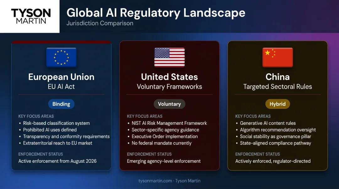 Three-jurisdiction AI regulatory comparison EU US and China approaches side-by-side
