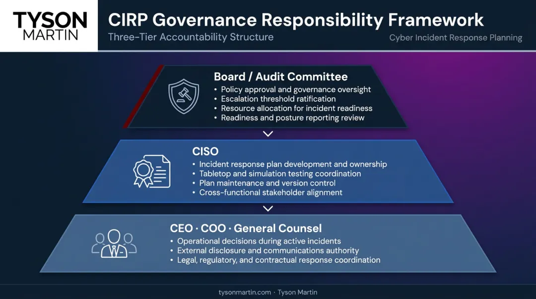 Board-level CIRP governance obligations across three organizational tiers comparison