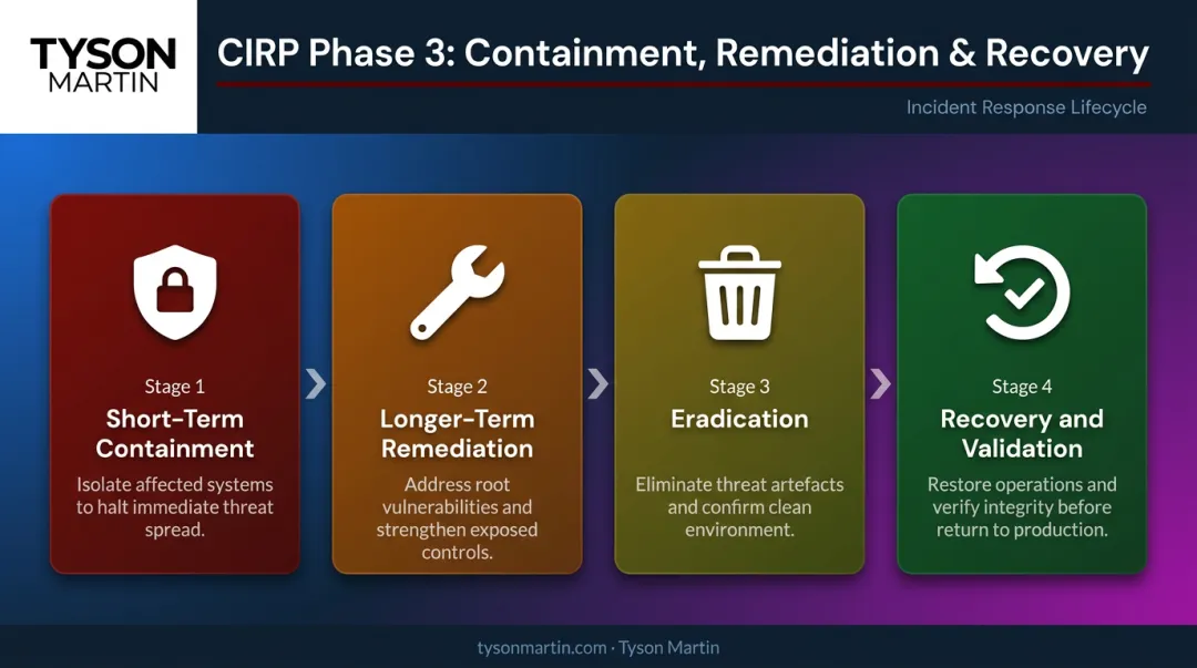 CIRP four-phase incident response lifecycle from containment to recovery steps