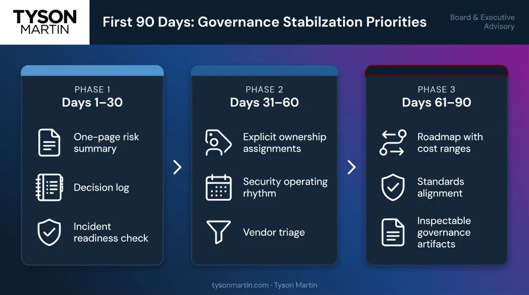 90-day interim CISO ERM governance stabilization timeline by phase