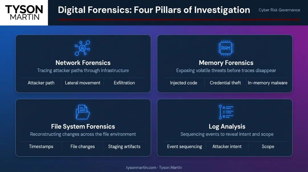 Four pillars of digital forensics network memory file system log analysis