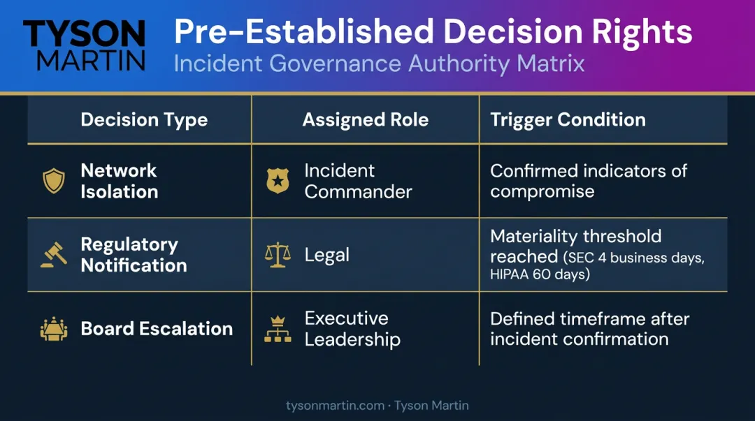 DFIR governance decision authority matrix with regulatory timelines and role assignments