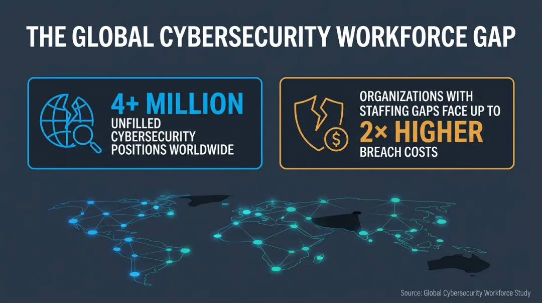 Cybersecurity workforce shortage gap statistics visualization with global talent metrics