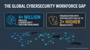 Cybersecurity workforce shortage gap statistics visualization with global talent metrics