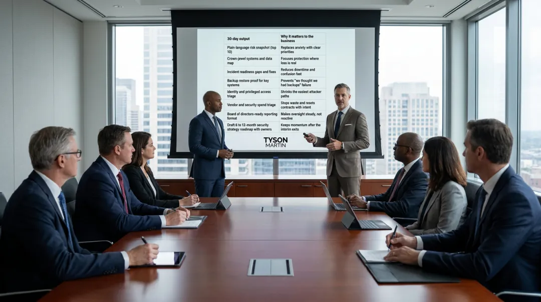 Fractional CISO board advisor presenting security control assessment findings to executive team