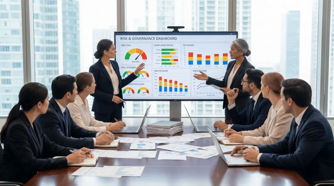 Corporate board reviewing enterprise risk appetite dashboard with KRI metrics