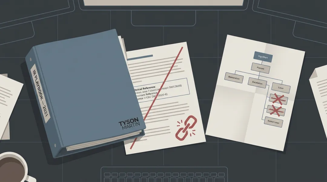 Fragmented incident response documentation showing outdated runbooks and untested playbooks