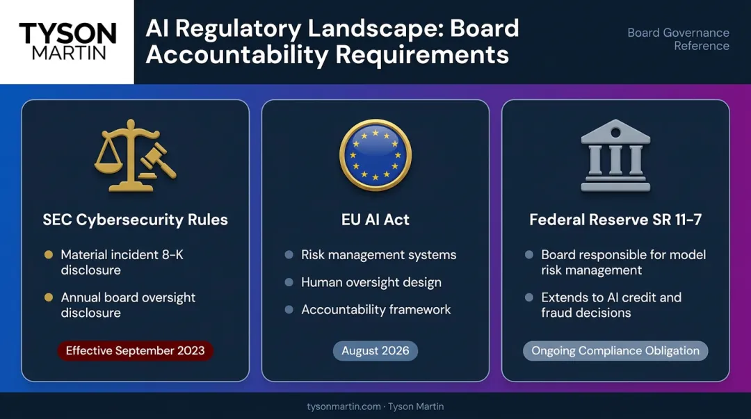 Three AI regulatory frameworks boards must know SEC EU AI Act SR 11-7
