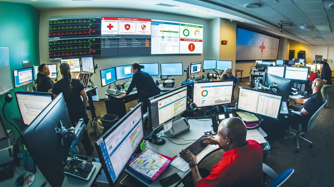 Hospital IT security team monitoring ransomware threat dashboard in operations center