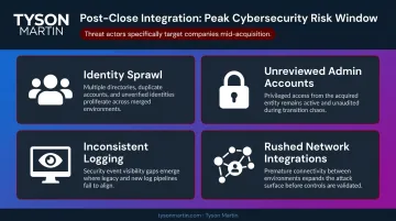 Post-merger integration cybersecurity risk factors identity sprawl admin accounts logging network