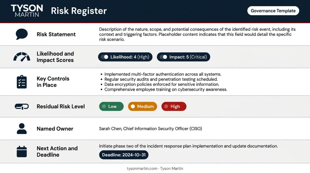 Six-component cybersecurity risk register template with named owner accountability structure