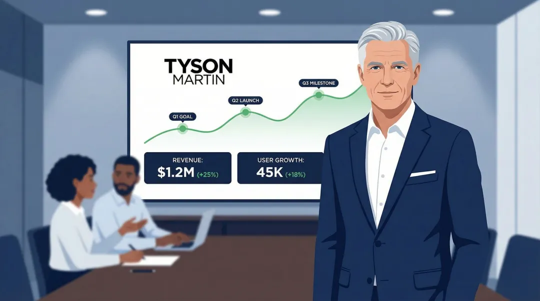 Executive reviewing 90-day outcome dashboard on large monitor in modern boardroom