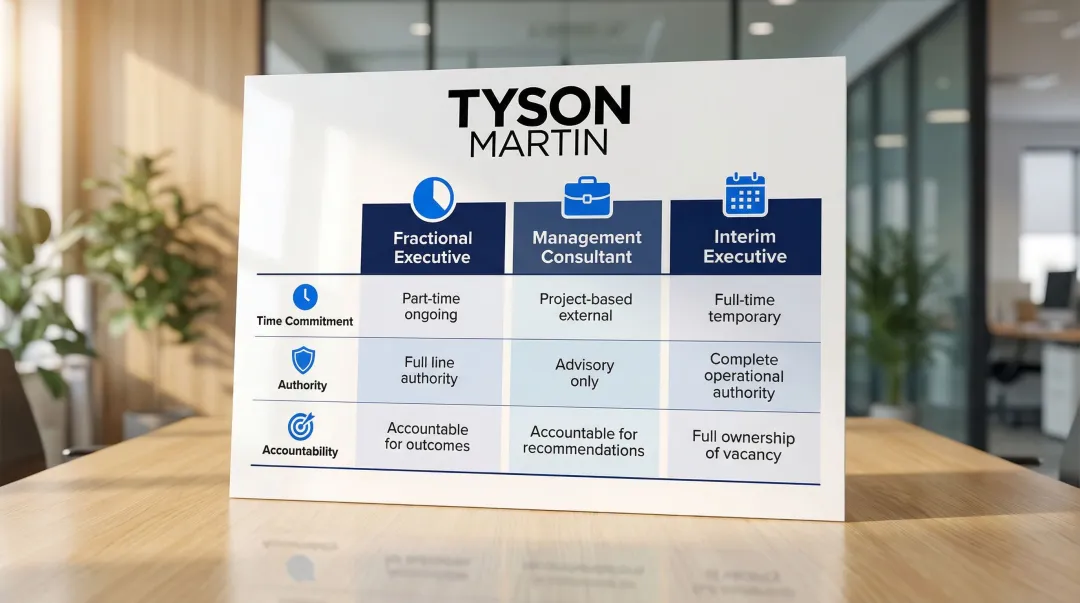 Fractional executive versus consultant versus interim executive comparison table infographic