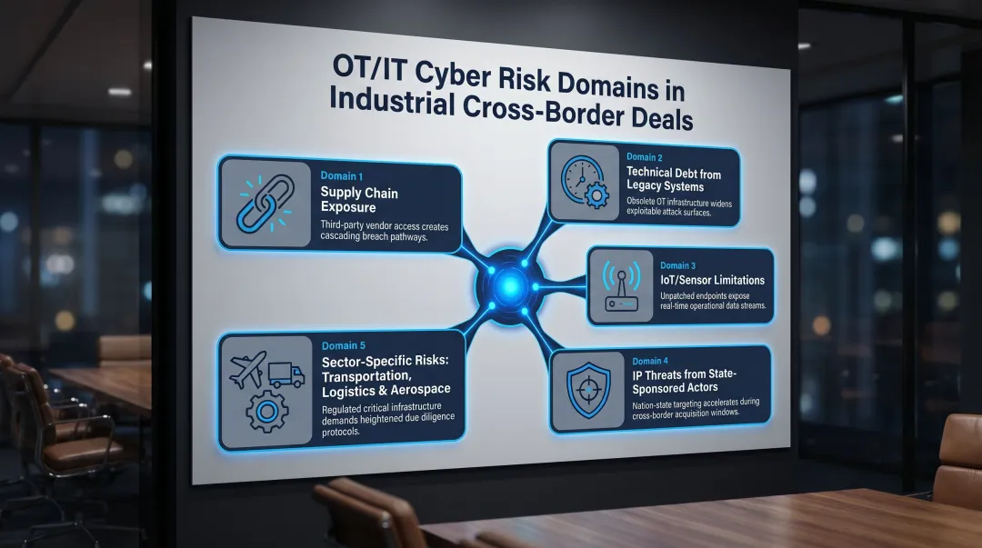 Five OT IT convergence cyber risk domains in industrial M&A transactions infographic