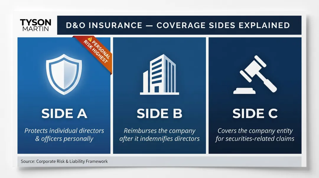 D&O insurance three coverage sides Side A B C comparison infographic