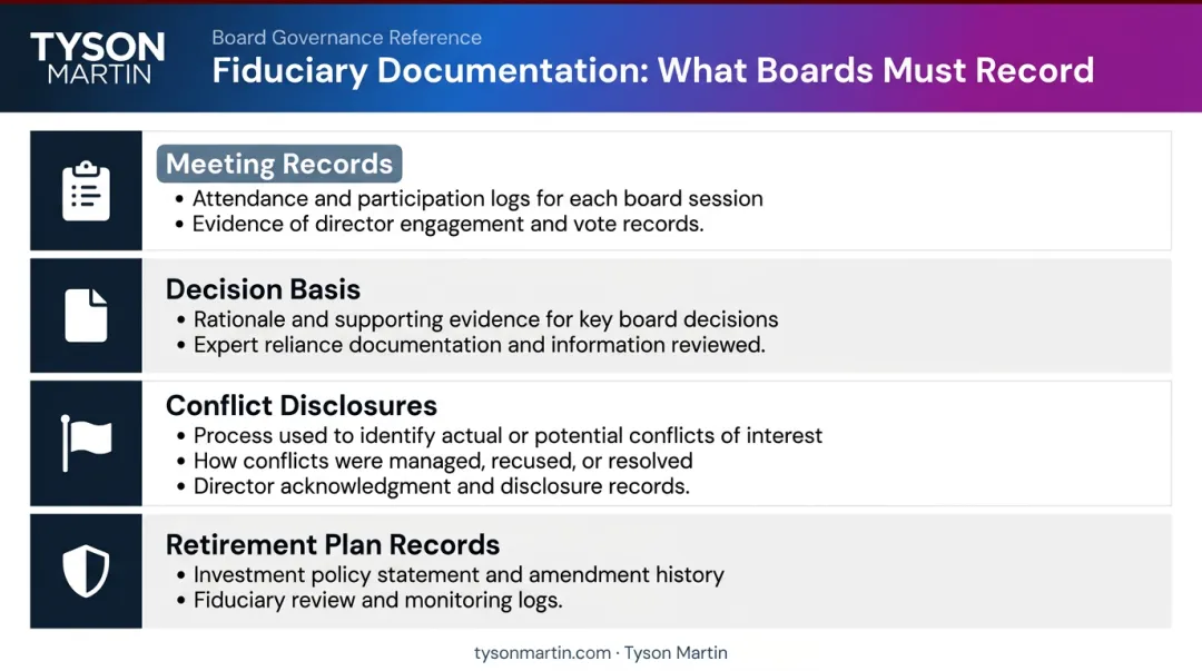 Hospital board fiduciary documentation checklist four categories for legal defense