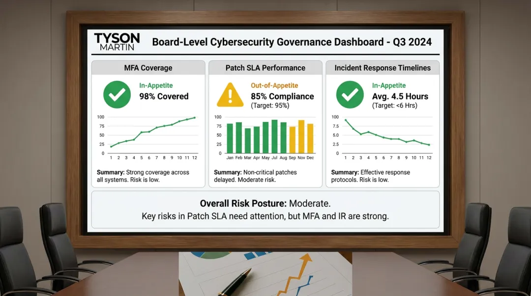 Cybersecurity board advisory dashboard showing risk posture metrics and governance deliverables