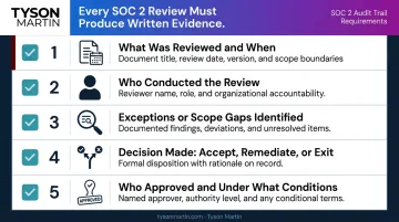 SOC 2 vendor review governance cycle documentation checklist with five required audit trail elements