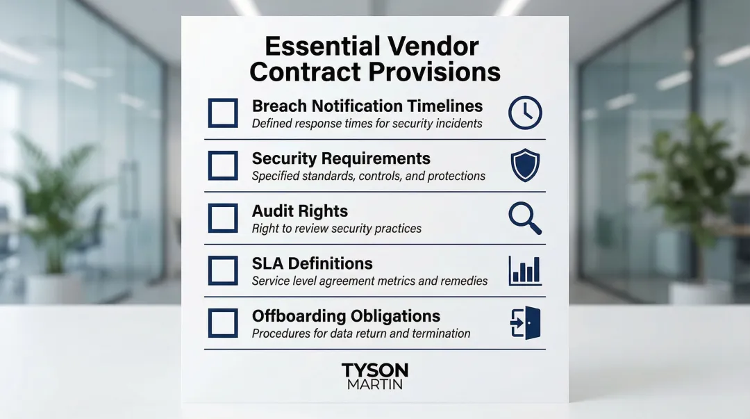 Five essential vendor contract security provisions CISO checklist infographic