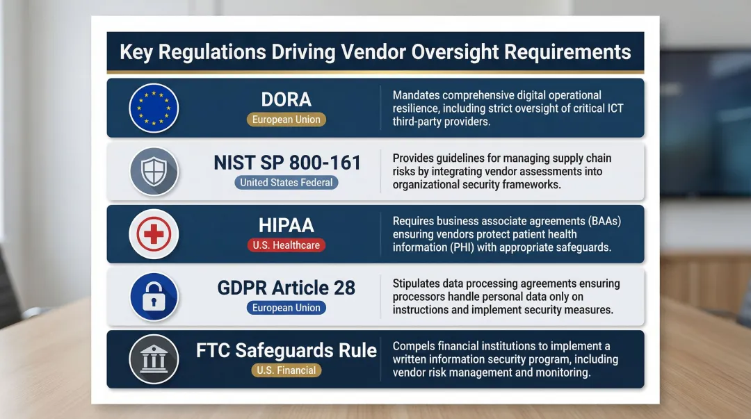 Five key TPRM regulatory frameworks DORA NIST HIPAA GDPR FTC comparison