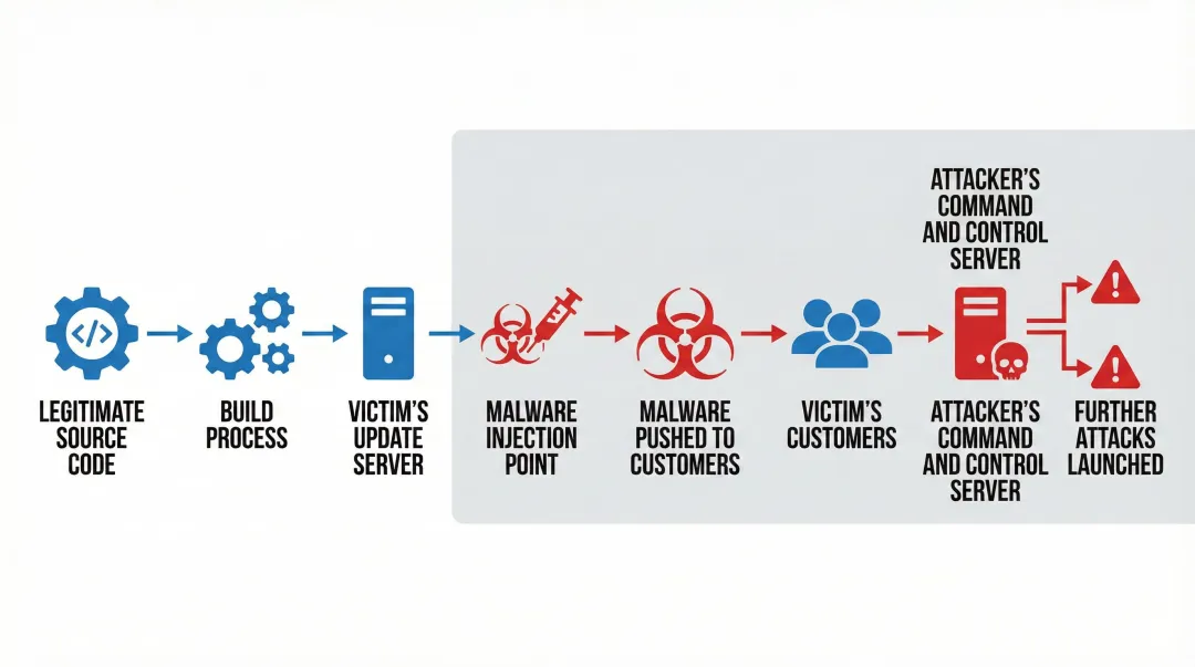 Software supply chain attack vector diagram showing compromised update pipeline