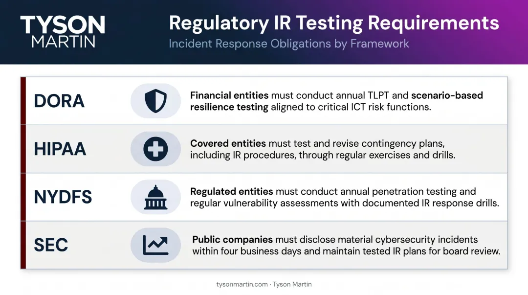 Four regulatory frameworks requiring incident response testing DORA HIPAA NYDFS SEC