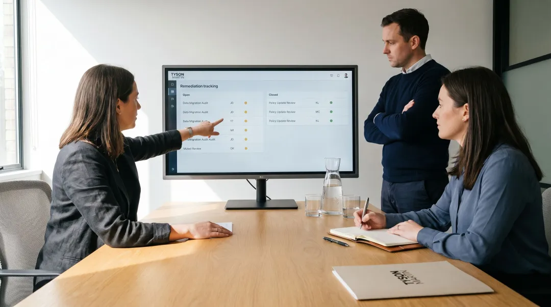 Security team reviewing after-action report with remediation tracking dashboard on screen