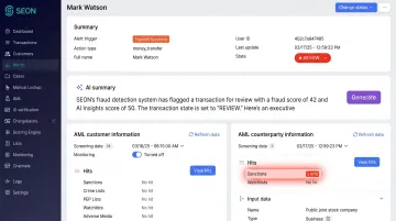 AI-powered AML transaction monitoring dashboard displaying real-time sanctions screening alerts