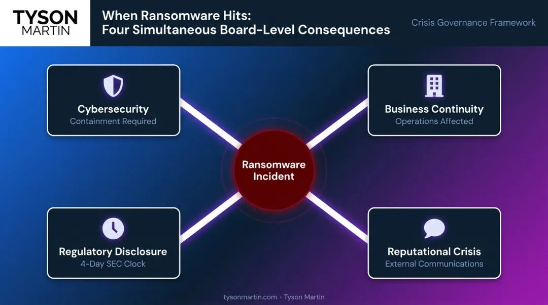 Ransomware incident four-way risk impact breakdown across board committee domains