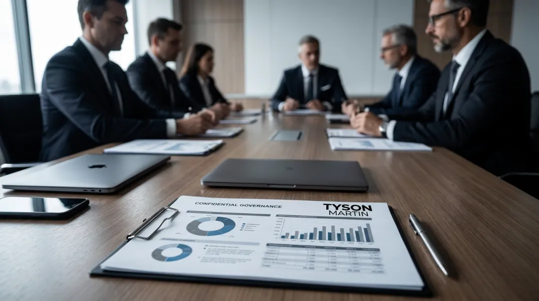 Corporate board directors reviewing confidential documents during formal boardroom meeting