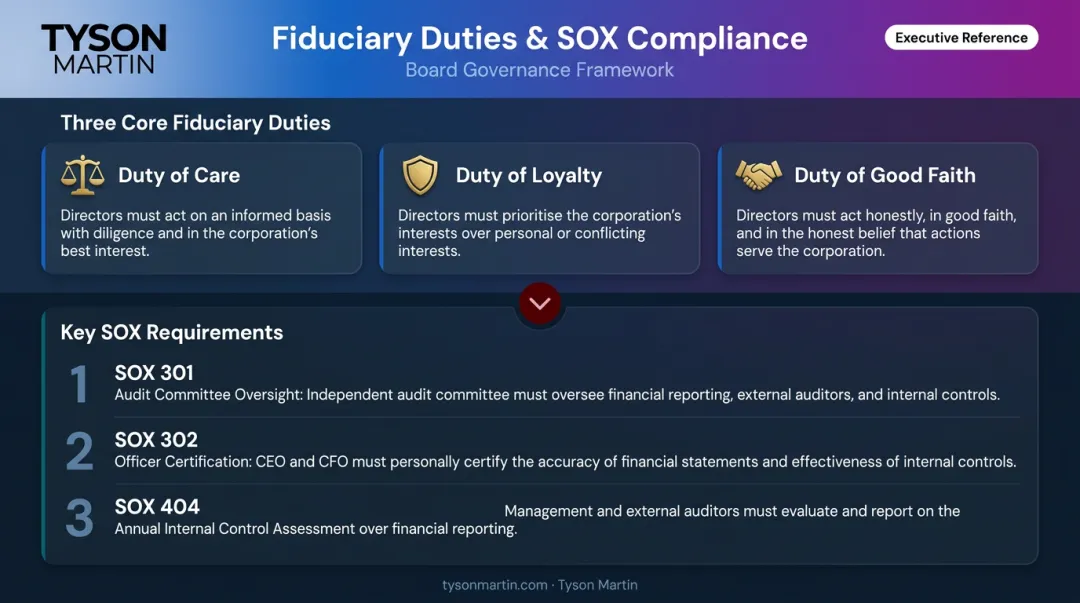 Board fiduciary duties and key SOX compliance requirements overview infographic