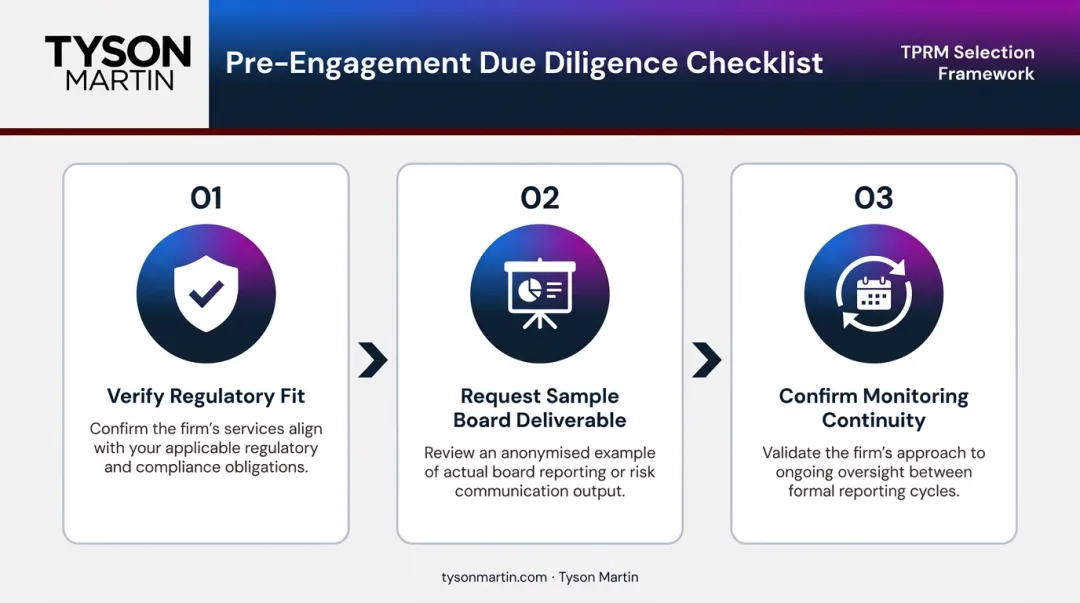 Three-step TPRM firm due diligence process from regulatory fit to monitoring continuity