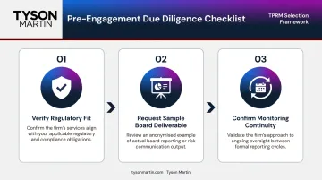 Three-step TPRM firm due diligence process from regulatory fit to monitoring continuity