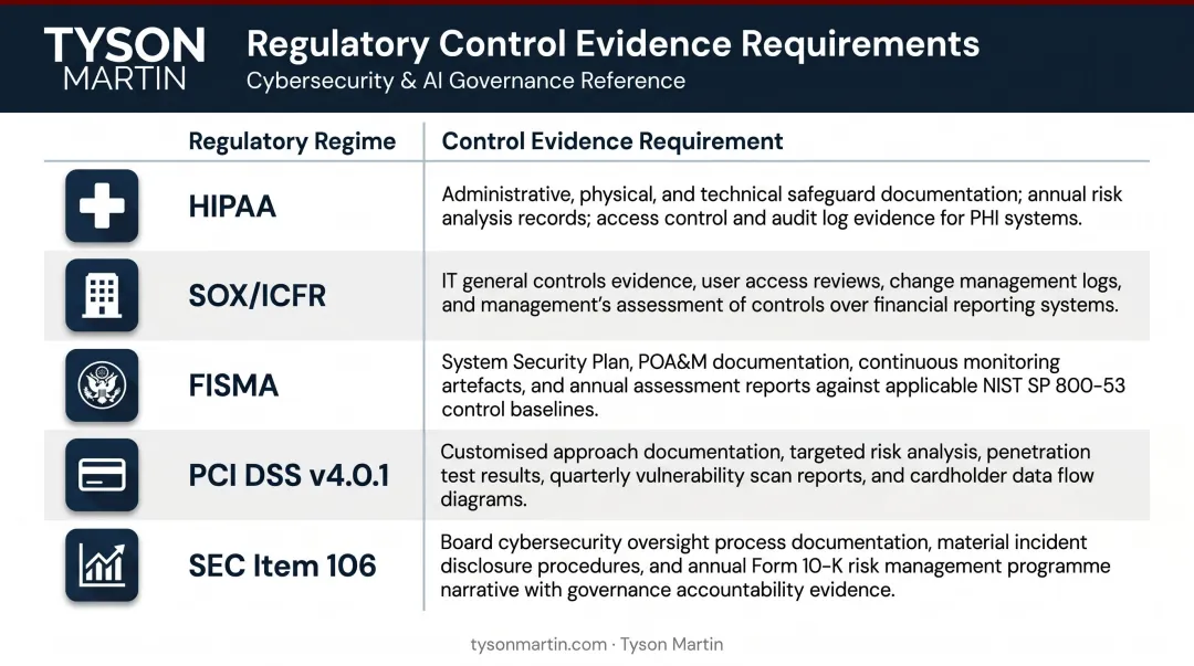 Five regulatory regimes requiring security controls evidence compliance comparison table