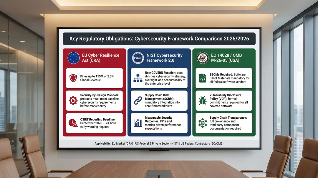 Regulatory IoT compliance deliverables under EO 14028 NIST CSF 2.0 and EU CRA requirements