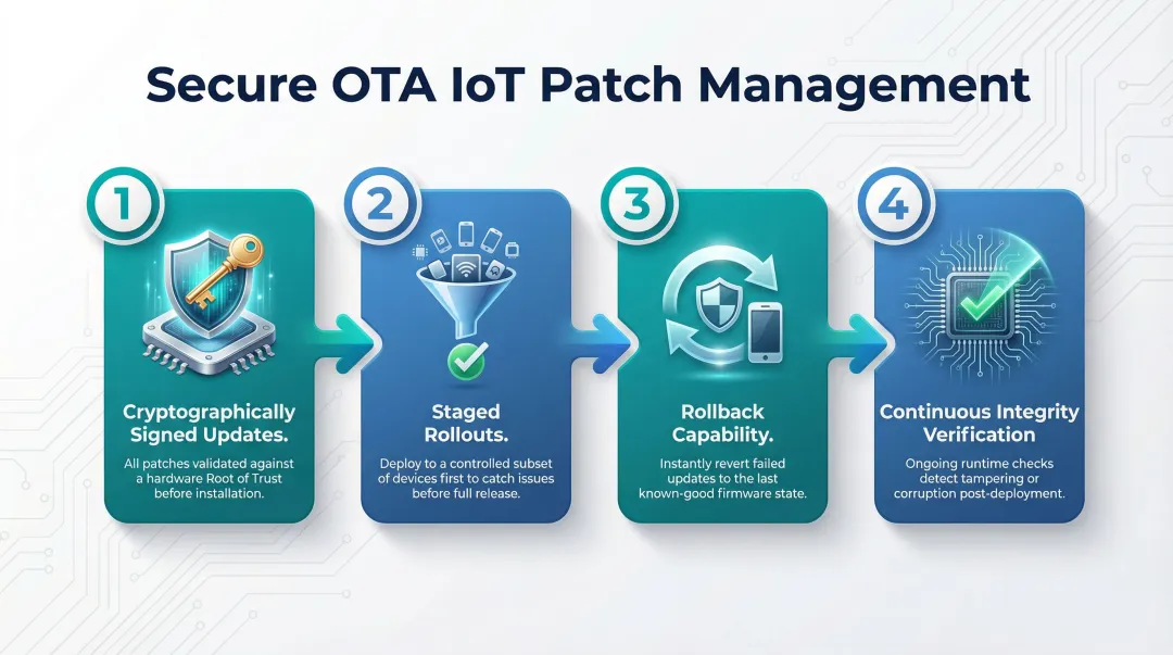 Four-step IoT OTA patch management process from signed updates to integrity verification