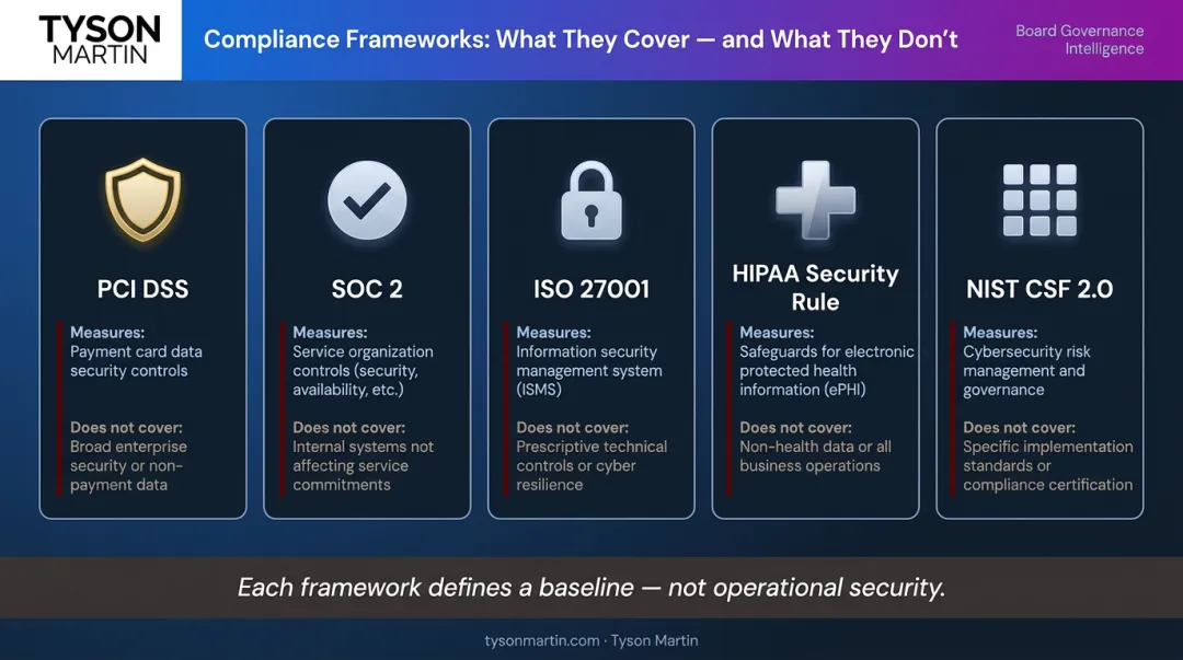 Five major compliance frameworks scope limitations comparison infographic