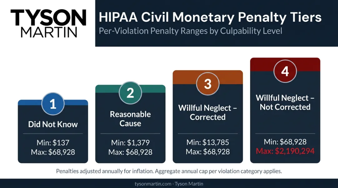 HIPAA civil monetary penalty violation tiers and maximum fine amounts comparison