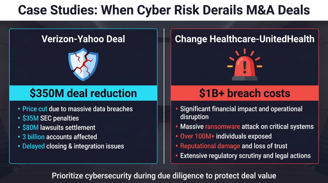 M&A cybersecurity breach case study timeline showing Yahoo Verizon and Marriott Starwood incidents