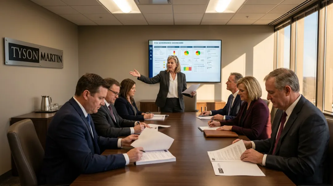 Board of directors reviewing cybersecurity risk register briefing in executive meeting