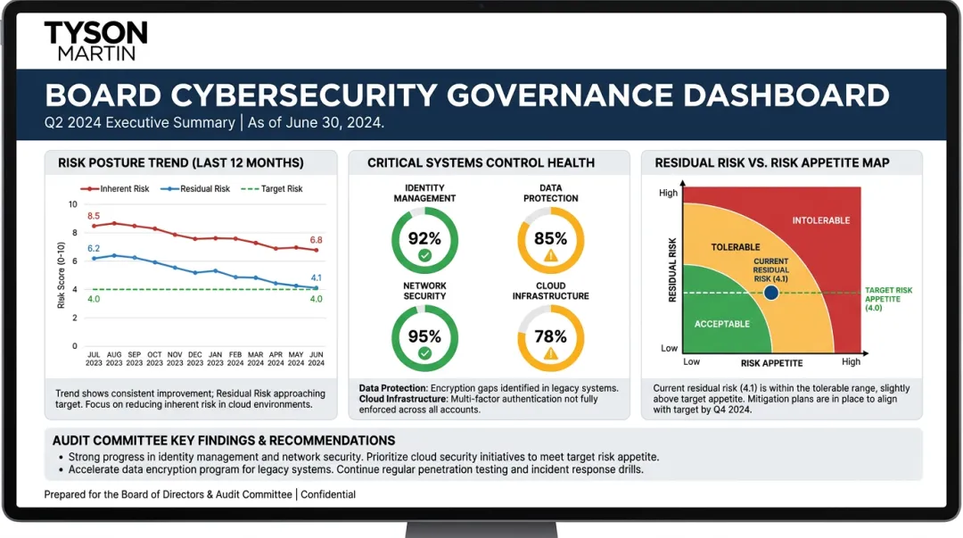 Cybersecurity board governance dashboard displaying risk posture trend and control health metrics